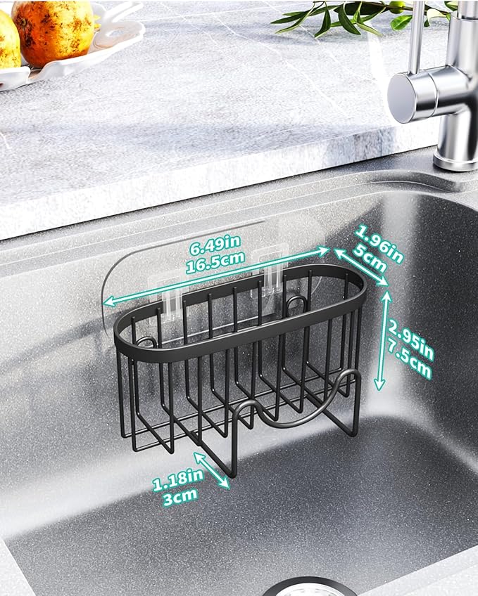 HapiRm Multifunctional Sponge Holder with Unique M-Shaped, 2 Installation Methods Kitchen Sink Caddy Organizer, Rustproof Stainless Steel Kitchen Organizers and Storage Essentials - Black - Image 3