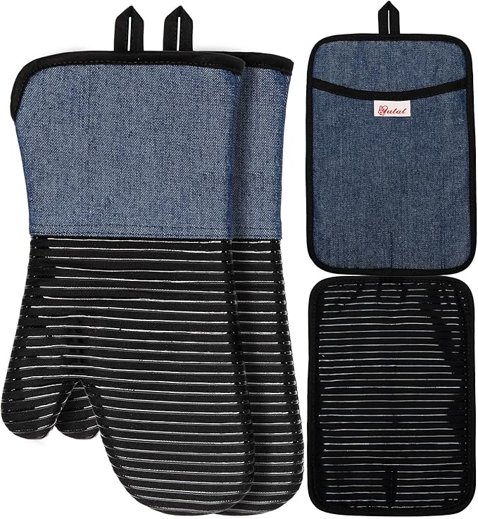 Yutat Oven Mitts, Pot Holders Set of 4 Made with Pure Cotton and Food Grade Non-Slip Silicone - 500 F Heat Resistant Oven Mitts and Pot Holders Sets for Kitchen Cooking (4pcs Set, Black and Denim) by YUTAT