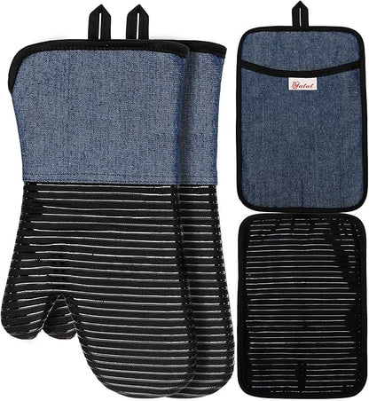 Yutat Oven Mitts, Pot Holders Set of 4 Made with Pure Cotton and Food Grade Non-Slip Silicone - 500 F Heat Resistant Oven Mitts and Pot Holders Sets for Kitchen Cooking (4pcs Set, Black and Denim) by YUTAT