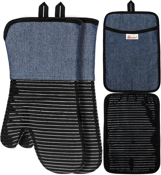 Yutat Oven Mitts, Pot Holders Set of 4 Made with Pure Cotton and Food Grade Non-Slip Silicone - 500 F Heat Resistant Oven Mitts and Pot Holders Sets for Kitchen Cooking (4pcs Set, Black and Denim) by YUTAT