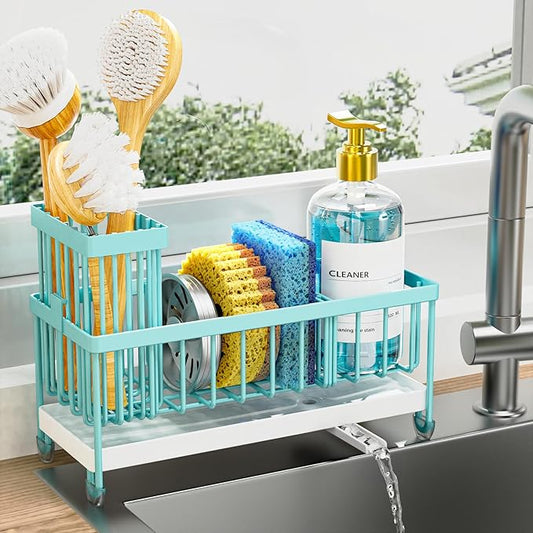 Cisily Sponge Holder for Kitchen Sink, Sink Caddy Organizer with High Brush Holder, Kitchen Countertop Organizers and Storage Essentials, 304 Stainless Steel, Teal Kitchen Decor (Turquoise, 9.25″) by CISILYHOMELIFE