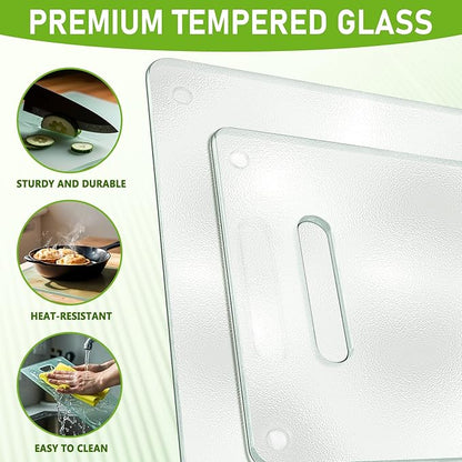 Tempered Glass Cutting Board for Kitchen, 2PCS Clear Chopping Board with Handle (16"x12" & 12"x8"), Plastic Free, Scratch Resistant, Heat Resistant, Dishwasher Safe, Non-toxic, Easy to Clean