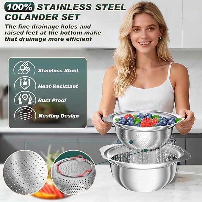 Stainless Steel Colanders with Mixing Bowl - 3.0QT & 2.0QT Strainer and Colander with Handle, 3.5QT Nesting Kitchen Bowl with Colander For Pasta, Vegetables, Fruit, Rice, 3PCS - Image 6
