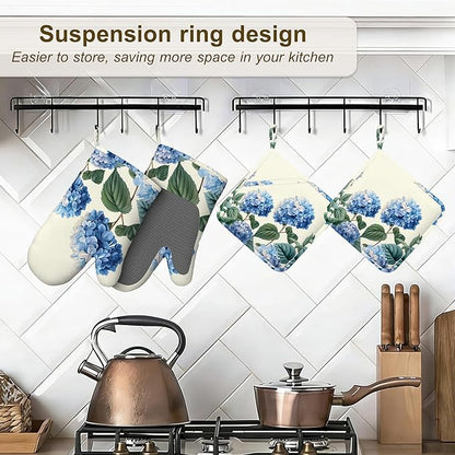 Blue Hydrangea Flower Spring Oven Mitts and Pot Holders Set of 4,Heat Resistant Non Slip Kitchen Gloves Hot Pads,Chef Cooking Baking Gifts for Women Bakers,Kitchen Cooking Lover Cooks