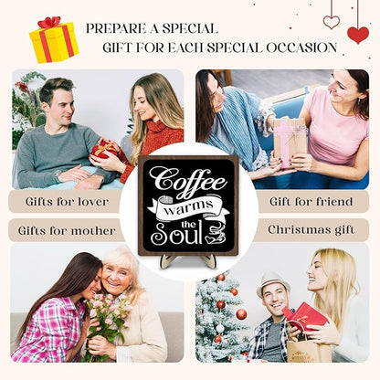 Coffee Bar Sign Plaque, Vintage Café Decor for Kitchen, Rustic Farmhouse Cafe Accessories, Themed Wall Sign for Home - Coffee Warms the Soul - Gift Idea (Black&Brown4, 5.9x5.9inches) - Image 7