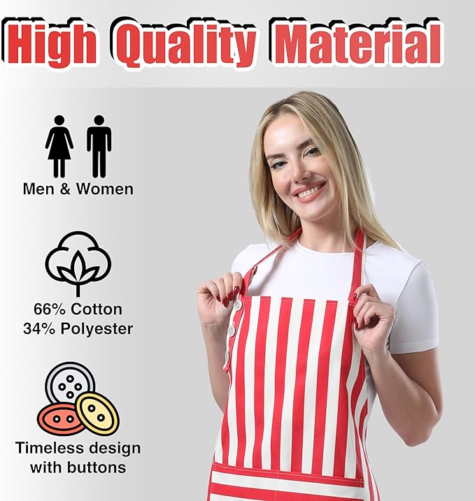 TOSHEX Kitchen Apron Waterdrop Resistant Cotton Apron with adjustable Aprons for Women with Pockets Cooking Apron Chef Apron for Men (1, Red)