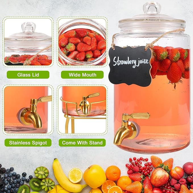 Drink Dispensers for Parties 1 Gallon, Bevarage Dispenser with Stand,Glass Drink Dispenser With Stainless Steel Spigot + Marker & Chalkboard, Ideal for Lemonade,Juice, Tea, and Party Drinks - Image 4
