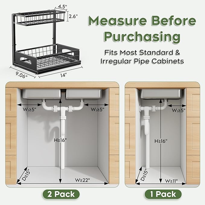 Under Sink Organizer, Cabinet Organizer for Kitchen, Height Adjustable Pull Out Heavy Duty 2 Tier Metal Under Sink Storage for Bathroom Pantry (Black, 1 Pack) - Image 2
