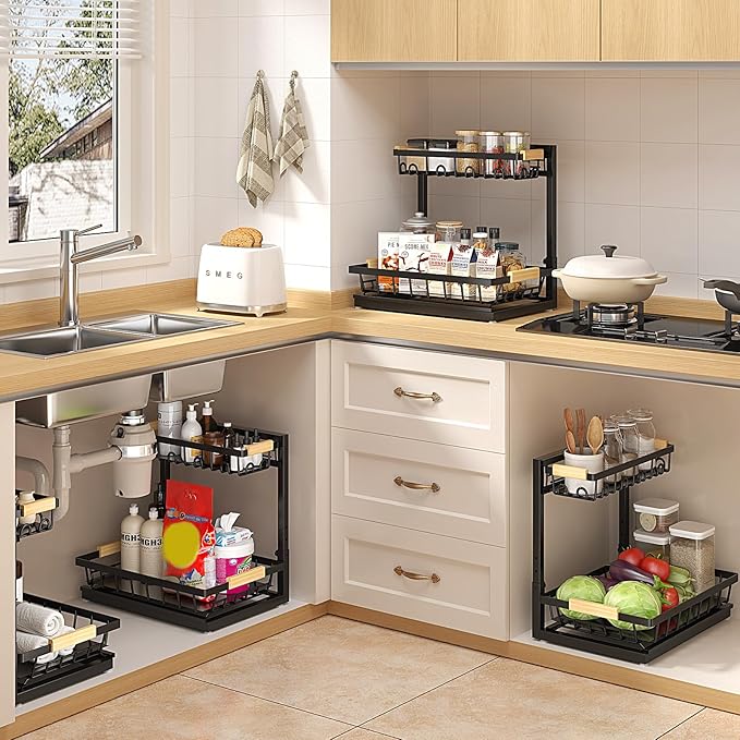 Sevenblue 2 Packs Under Sink Organizer, Height Adjustable 2 Tier Under Kitchen Sink Organizer, Multi-Purpose Storage Shelf for Kitchen Bathroom Cabinet (Black, Large) - Image 7