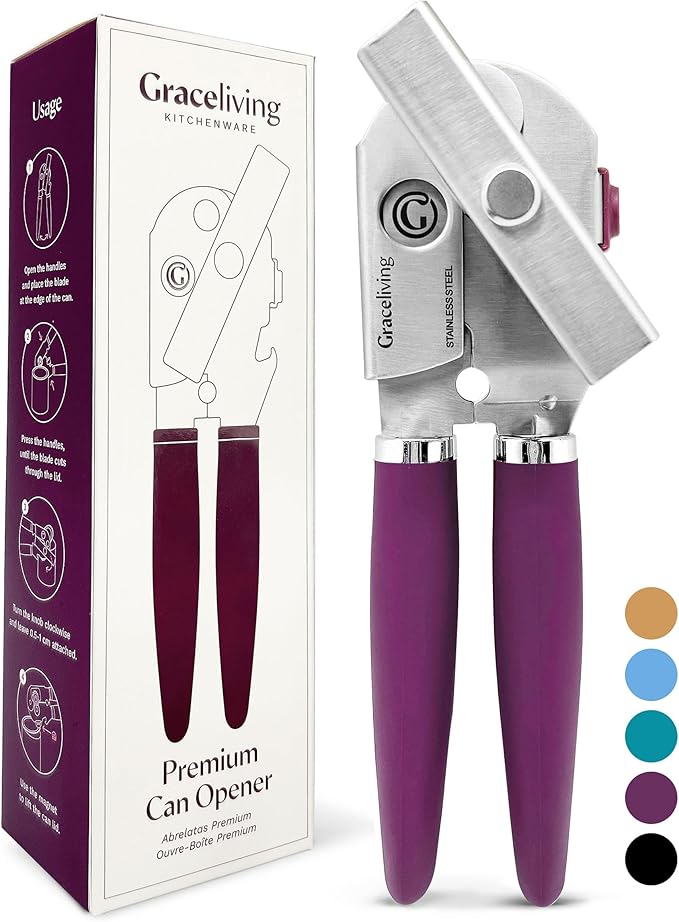 Premium Multifunction Magnetic Manual Can Opener and Bottle Opener, Heavy Duty Stainless Steel Sharp Cutting Blade and Oversized Easy Turn Knob, Soft-Touch Handle, Kitchen Use, Mauve by GracelivingKitchenware