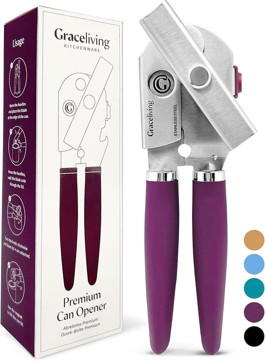 Premium Multifunction Magnetic Manual Can Opener and Bottle Opener, Heavy Duty Stainless Steel Sharp Cutting Blade and Oversized Easy Turn Knob, Soft-Touch Handle, Kitchen Use, Mauve by GracelivingKitchenware