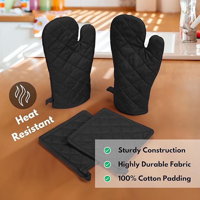 Native Fab Pot Holders and Oven Mitts Sets for Kitchen Heat Resistant - Hanging Non-Slip - 100% Cotton Kitchen Oven Mitts and Pot Holders 4-Piece Set - Black - Image 5