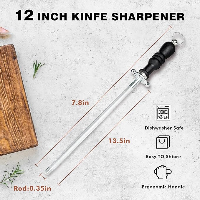 Knife Sharpener Rod, Kitchen Knives Sharpener Carbon Steel Professional Knife Sharpening Steel, Honing Rod with Hanging Holes (13 inches) - Image 5