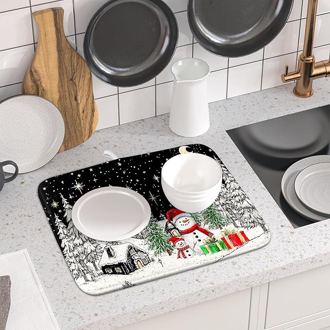 Winter Snowman Dish Drying Mat 18 X 16 in Black Microfiber Dish Pad Absorbent Holiday Kitchen Accessories - Image 6