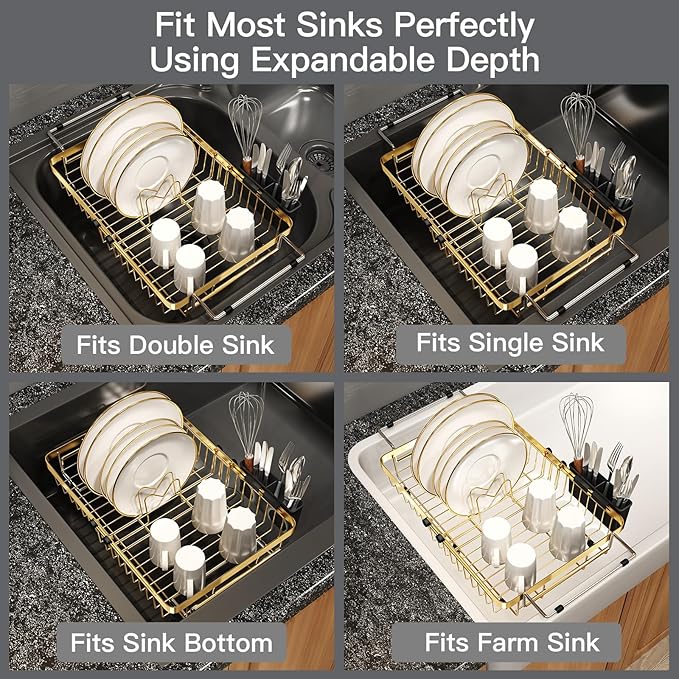 MAJALiS Dish Drying Rack Over The Sink, Expandable Stainless Steel Dish Drainer for Small Kitchen Counter Space Saving, RV Compact Plate Strainer in Gold Metal with Hanging Adjustable Utensil Holder - Image 4