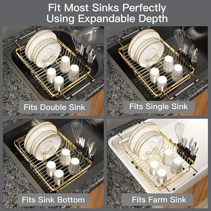 MAJALiS Dish Drying Rack Over The Sink, Expandable Stainless Steel Dish Drainer for Small Kitchen Counter Space Saving, RV Compact Plate Strainer in Gold Metal with Hanging Adjustable Utensil Holder - Image 4