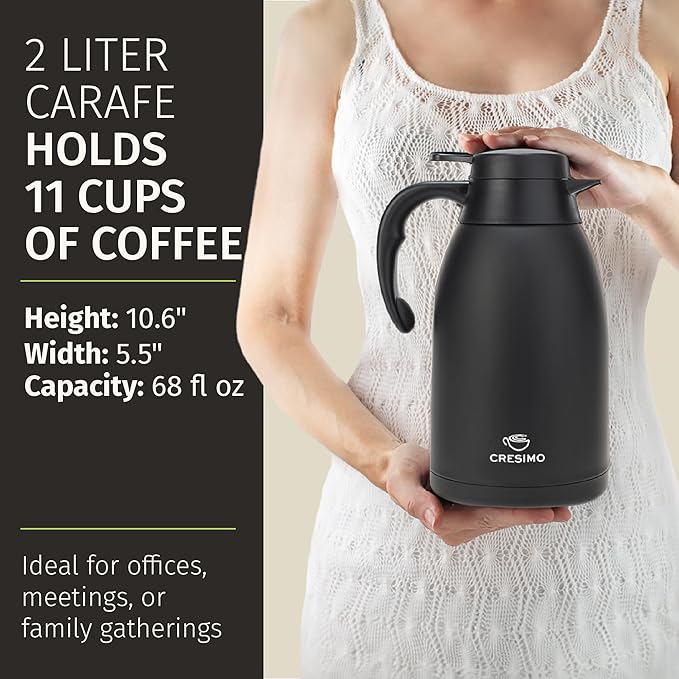Thermal Coffee Carafe 68 oz by Cresimo – Updated 2025 Model – Insulated Black Stainless Steel Coffee Urn & Drink Dispenser, Keeps Drinks Hot 12h / Cold 36h – Durable & Easy to Pour - Image 3