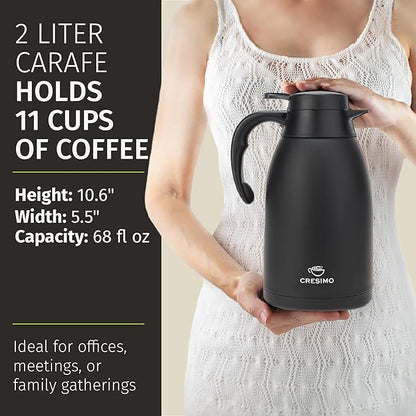 Thermal Coffee Carafe 68 oz by Cresimo – Updated 2025 Model – Insulated Black Stainless Steel Coffee Urn & Drink Dispenser, Keeps Drinks Hot 12h / Cold 36h – Durable & Easy to Pour - Image 3