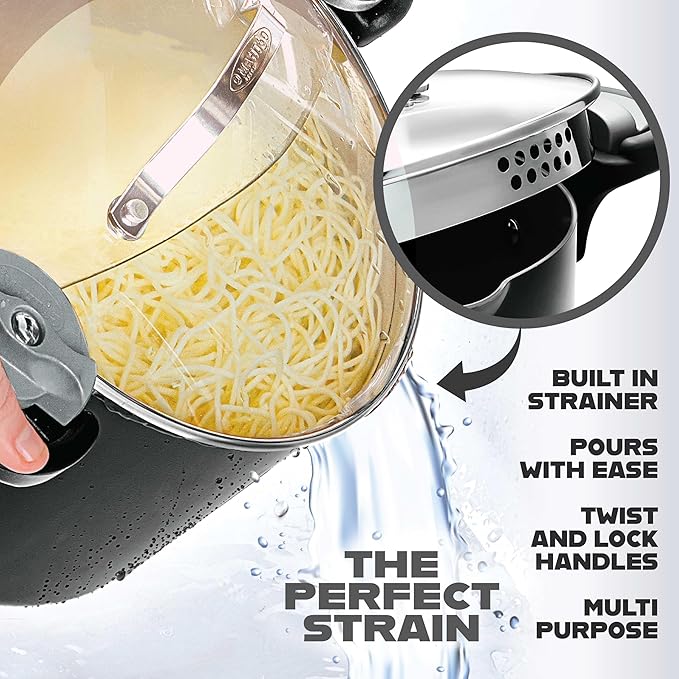 GOTHAM STEEL 5 Qt Nonstick Pasta Pot with Strainer Lid & Twist and Lock Handles, Ceramic Stock Pot with Tempered Glass Lid, Metal Utensil Safe, for Spaghetti Soup & Noodles, Dishwasher Safe, Black - Image 2