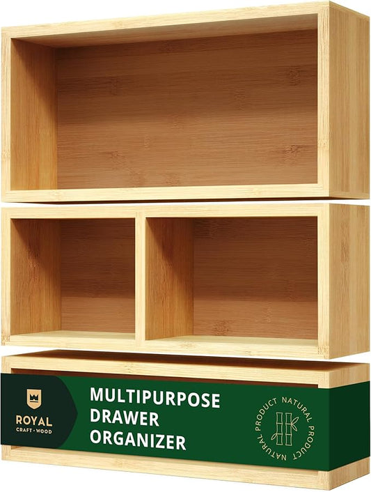 ROYAL CRAFT WOOD Luxury Bamboo Drawer Organizer Storage Box, Bin Set - Multi-Use Drawer Organizer for Kitchen, Bathroom, Office Desk, Makeup, Jewelry (3 Boxes) by RoyalCraftWood