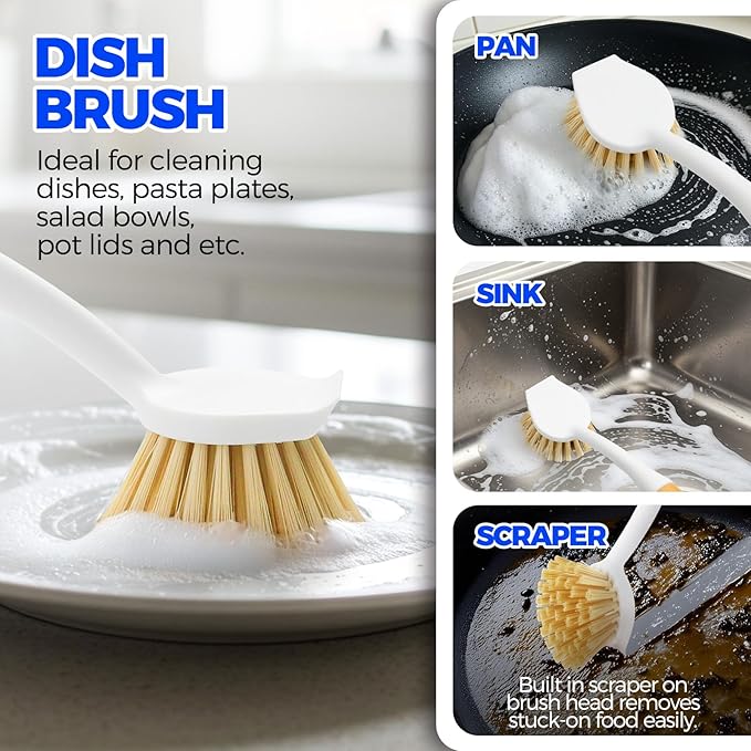 Holikme 6 Pack Dish Brush Set with Bottle Brush, Dish Scrub Brush, Pan Brush and 3 Straw Brushes, Deep Cleaning Handle Brush with Scraper Tip for Kitchen Sink Dishes Bottle Cup Pot and Pans (Yellow) - Image 2