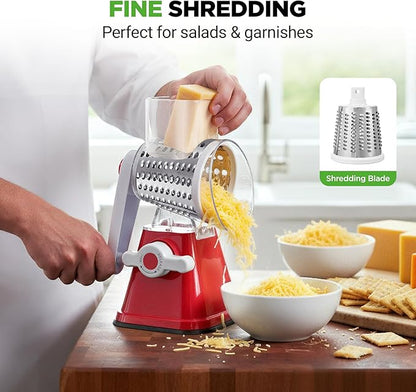 Nutrichef 3 in 1 Cheese Grater & Shredder | Strong Suction Base, Rotary Handle with Safety Lock | Includes Hand Crank & 3 Drum Blades for 3 Textures, Fine, Medium & Strips | Red - Image 4