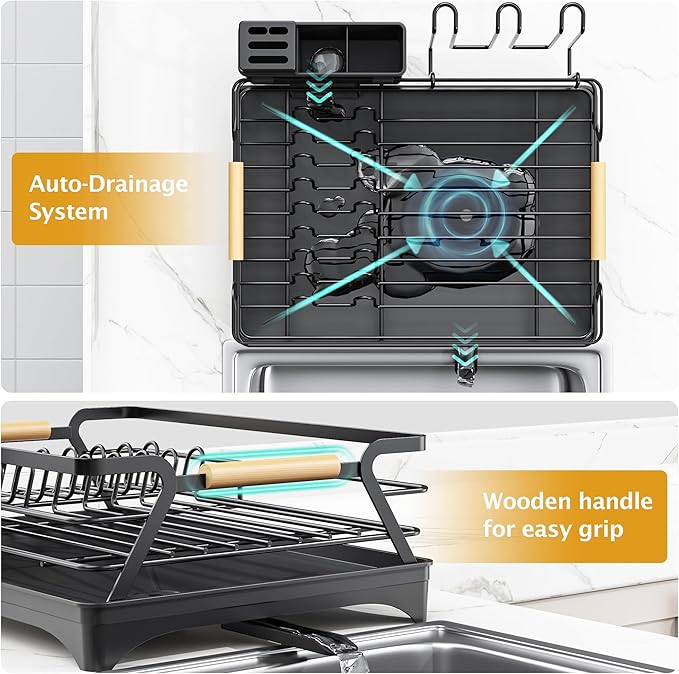 Epicano Dish Drying Rack for Kitchen Counter - Large Capacity Dish Rack with Wooden Handle,Cup Holder & Knife Slots, Rustproof Dish Drainer with Auto-Drainage System, Kitchen Sink Organizer, Black - Image 4