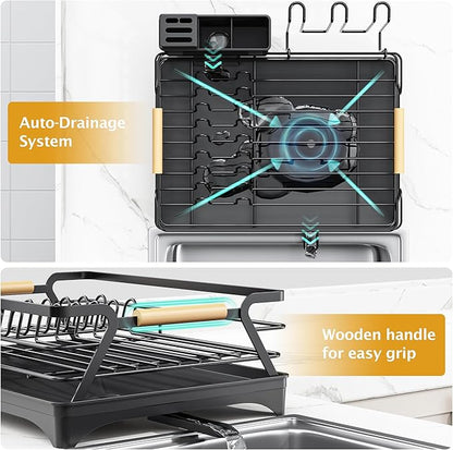Epicano Dish Drying Rack for Kitchen Counter - Large Capacity Dish Rack with Wooden Handle,Cup Holder & Knife Slots, Rustproof Dish Drainer with Auto-Drainage System, Kitchen Sink Organizer, Black - Image 4