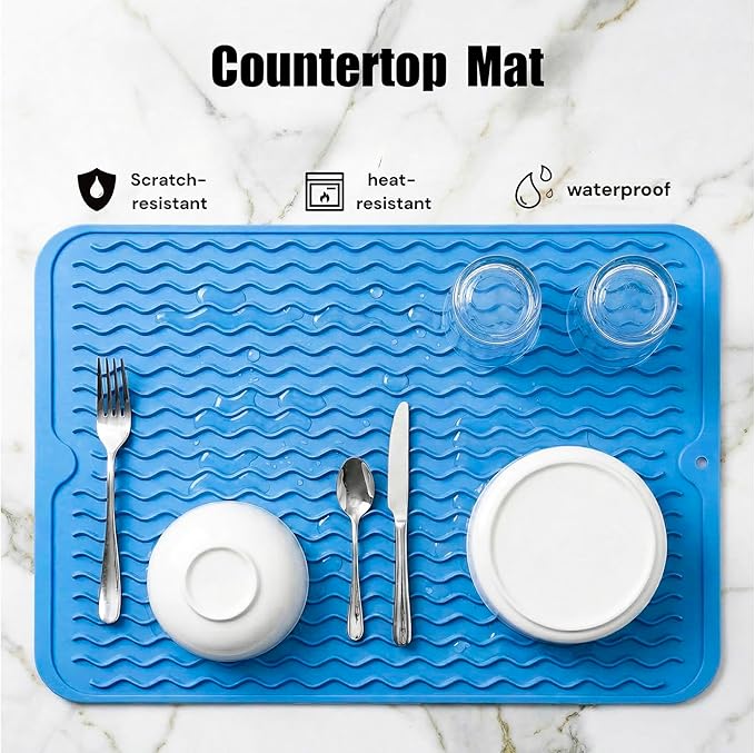 MicoYang Silicone Dish Drying Mat for Multiple Usage,Easy clean,Eco-friendly,Heat-resistant Silicone Mat for Kitchen Counter or Sink,Refrigerator or drawer liner Lichen BlueL L 16 inches x 12 inches - Image 3