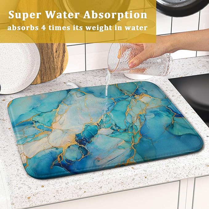 Marble Print Dish Drying Mat for Kitchen Counter,Blue Teal Turquoise Gold Drying Mat 16 x 18 Inch with Absorbent Reversible Microfiber Drying Pad for Coffee Bar - Image 7