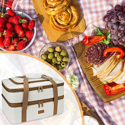 Quilted Insulated Double Casserole Carrier - Thermal Lunch Tote for Potluck Parties, Picnic, Beach, Fits 9 x 18 Inches Baking Dish, Casserole Dish, Expandable (Beige)