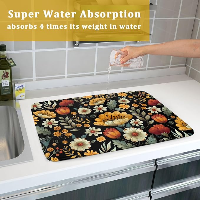 Vintage Boho Floral Dish Drying Mat for Kitchen Counter,Yellow Beige Black Spring Flower Drying Mat 18 x 24 Inch with Absorbent Reversible Microfiber Drying Pad for Coffee Bar - Image 7
