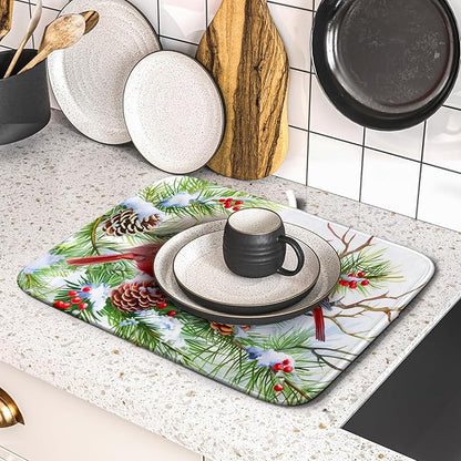 Giwawa Red Birds Dish Drying Mat, Xmas Tree Branch Holly Red Berries Dish Drainer Mats, Winter Snow Pine Cones Reversible Dish Drying Rack Pad Protector for Kitchen Countertop Decor, 16"x18"
