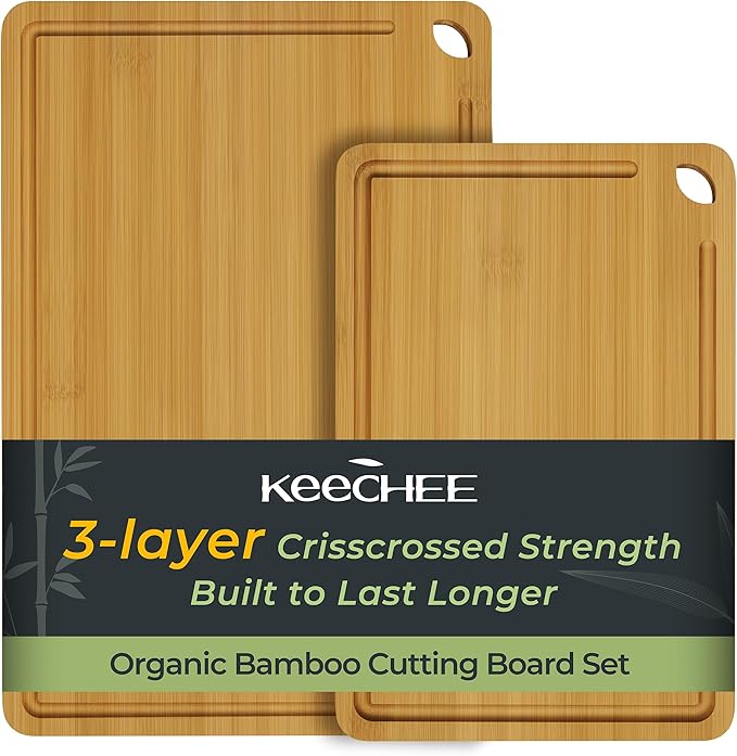Keechee Chopping Board 2-Pcs Natural Bamboo Cutting Board With Juice Channels & Knife-Friendly Finish For Versatile Kitchen Use, Ideal Charcuterie & Chopping Multi-Use by Keechee