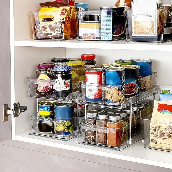 2 Set, 2 Tier Clear Organizer with Dividers for Cabinet, Shlef, Counter - MultiUse Slide-Out Storage Container - Kitchen, Pantry, Medicine Cupboard Bins, Bathroom, Vanity Makeup, Under Sink Organizing - Image 5