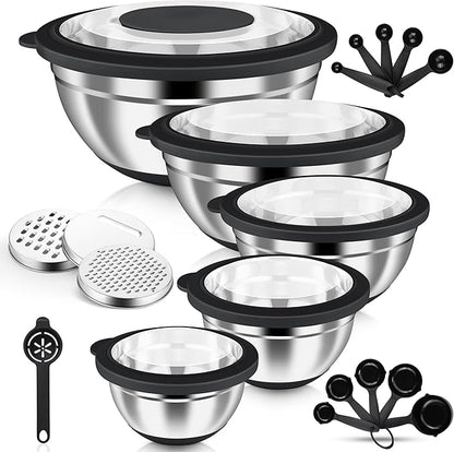 HaWare Mixing Bowls, 24-Piece Stainless Steel Salad Serving Bowl with Airtight Clear Lids, Metal Nesting Bowl For Kitchen Cooking Prepping Storing with 3 Graters, 4.6/2.6/1.5/1/0.7 QT, Black