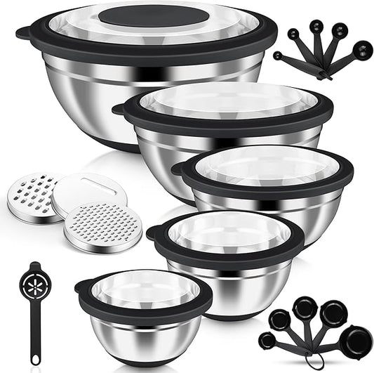 HaWare Mixing Bowls, 24-Piece Stainless Steel Salad Serving Bowl with Airtight Clear Lids, Metal Nesting Bowl For Kitchen Cooking Prepping Storing with 3 Graters, 4.6/2.6/1.5/1/0.7 QT, Black