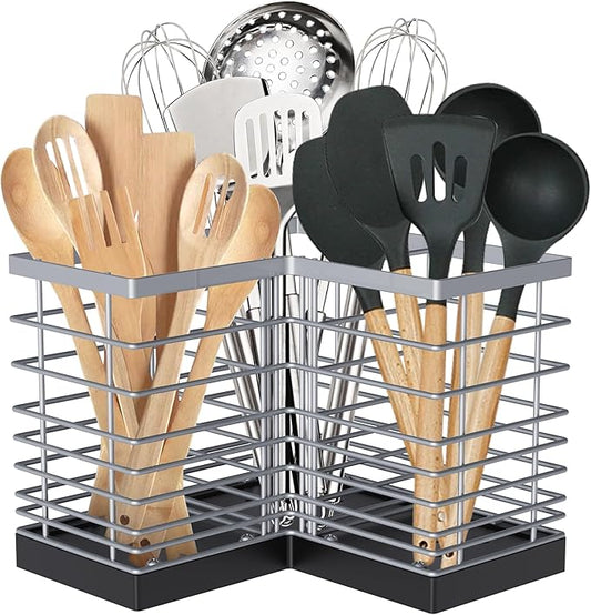 Suli Extra Large Kitchen Utensil Holder with 3 Compartments，Silvery Metal Corner Kitchen Caddy for Countertop，Farmhouse Rustic Cooking Storage-Silvery by Suli