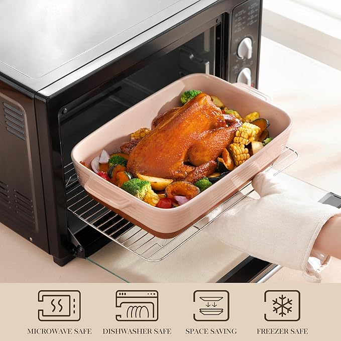 MALACASA 4.8 Qt Ceramic Oven Dish with Handles, 9 x 13 Inch Baking Dish Casserole Dishes, Deep Rectangular Lasagne Dishes Bakeware for Roasting (Khaki & Pink), Series TARA - Image 4