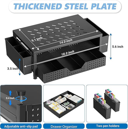 OPNICE Laptop Stand Desk Organizer, 2-Tier Metal Monitor Stand Riser with Drawer & 2 Pen Holders, Ventilated Perforated Steel Top, Office Desk Accessories for Home Office, Black - Image 7