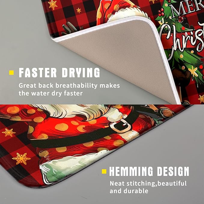 Merry Christmas Santa Claus Red Buffalo Plaid Dish Drying Mat for Kitchen Counter,Winter Snowflake Xmas Tree Drying Mat 16 x 18 Inch with Absorbent Reversible Microfiber Dish Drying Pad for Coffee Bar - Image 3