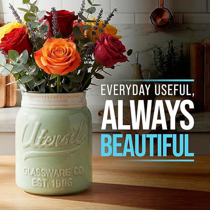 Comfify Wide Mouth Mason Jar Utensil Holder Decorative Kitchenware Organizer Crock, Dishwasher Safe - Kitchen Caddy Green, Large Size 7" Hight - Image 7