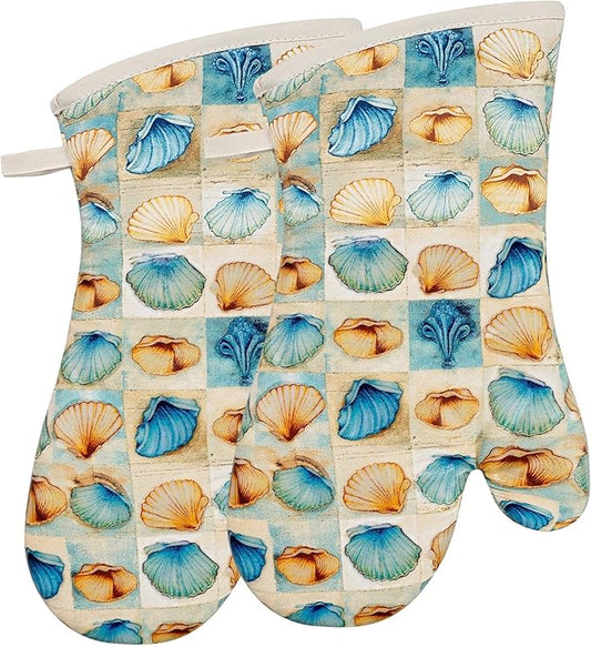 Oven Mitts Gloves 1 Pair Heat Resistant 480 ℉ Non Slip Clear Silicone Printed Shell Comfortable Cotton Lining Kitchen Men Cooking Barbecue Machine Washable (Shell, Beige Mitts)