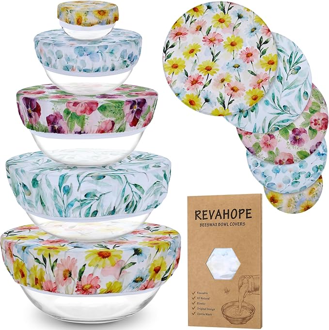 5-Size Reusable Beeswax Bowl Covers for Bread Proofing, Cotton Cloth Flexible Beeswax Wraps for Food Storage(Little Daisy) by Revahope