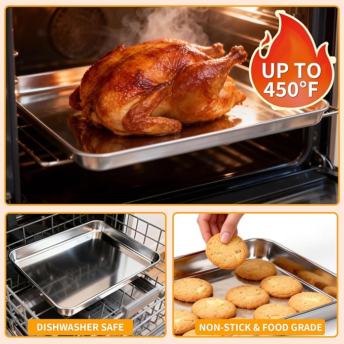 CEKEE Baking Sheet Set of 4, Stainless Steel Cookie Sheets for Baking, 0.8mm Heavy Duty Nonstick Baking Pans, 9/10/12/16 Inch Baking Trays for Oven, Non Toxic & Mirror Finish & Easy Clean - Image 5