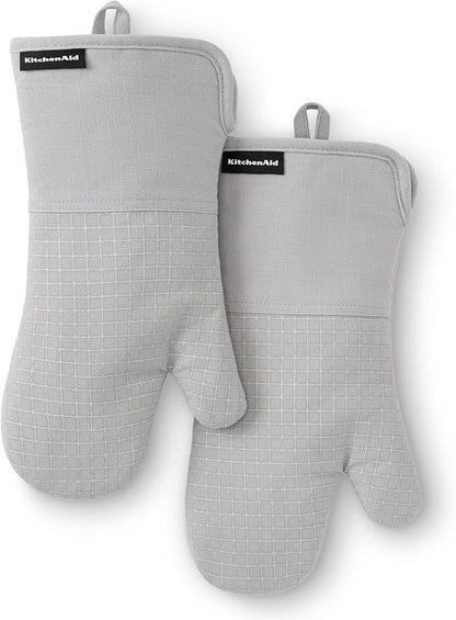 KITCHENAID Gourmet Series Gridlines Oven Mitts 2-Pack Set, Heat Resistant up to 600°F, Soft Silicone Grip, Magnetic Cuff, Matte Grey, 7"x14"
