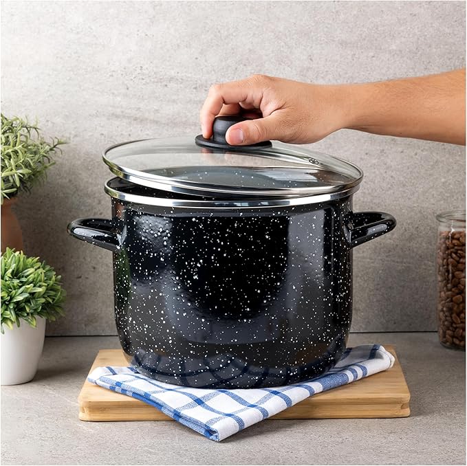 EKCO EOS 8-Quart Speckled Stockpot with Glass Lid (Black) Soup Pot for All Ranges, Dishwasher & Oven Safe up to 350°F - Non-Reactive Enameled Interior Pot for Gumbo, Stew, Boil, Pasta, Chili - Image 8