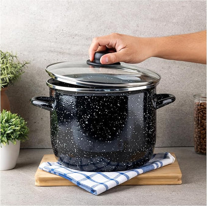 EKCO EOS 8-Quart Speckled Stockpot with Glass Lid (Black) Soup Pot for All Ranges, Dishwasher & Oven Safe up to 350°F - Non-Reactive Enameled Interior Pot for Gumbo, Stew, Boil, Pasta, Chili - Image 8