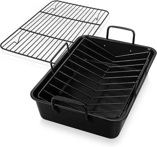E-far Roasting Pan with Racks, Large Stainless Steel Turkey Roaster with V-Shaped & Cooling Rack for Oven, 16 Inch Nonstick Deep Broiler Pan with Handles for Baking Chicken Lasagna Meat, Heavy Duty