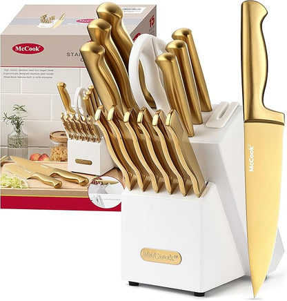 McCook® Knife Sets, Golden Titanium Stainless Steel Kitchen Knife Block Sets with Built-in Sharpener by McCook